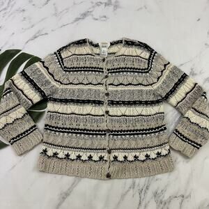 Talbots Vintage 90s Cardigan Sweater Sz M P Cream Black Silk Linen Heart Button